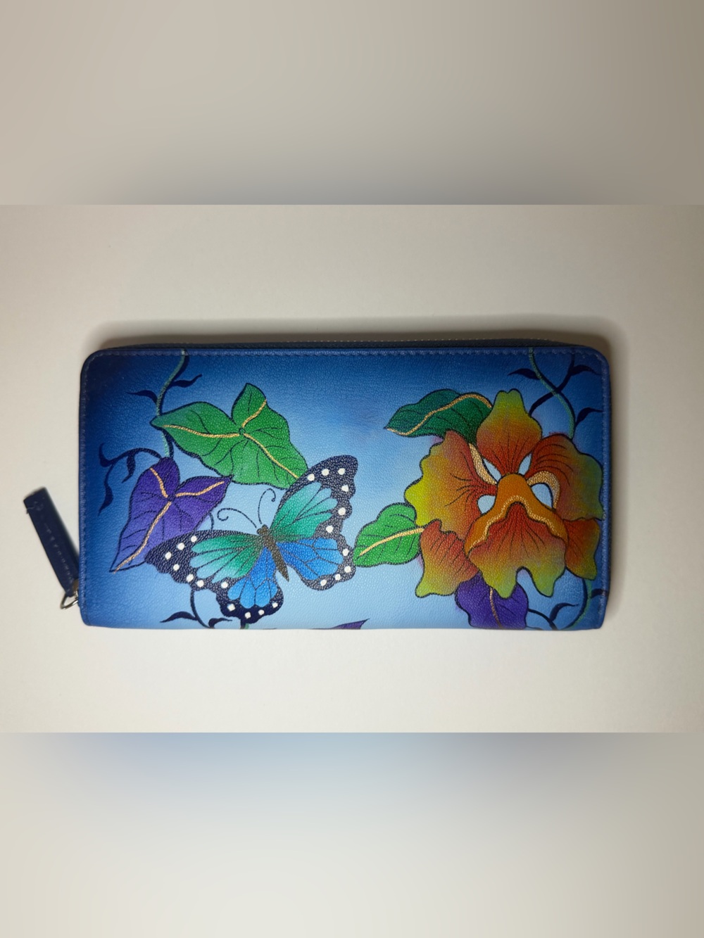 Floral Butterfly Zip Wallet - Blue hand painted. Leather